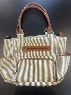 Green Striped Diaper Bag with Brown Trim